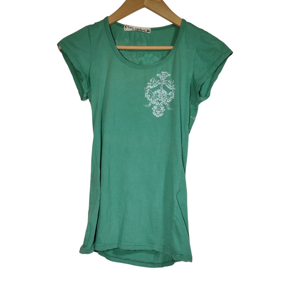 Yay Couture Women's Y2K Green Short Sleeve Graphic T‎ Shirt S Rhinestone Wings